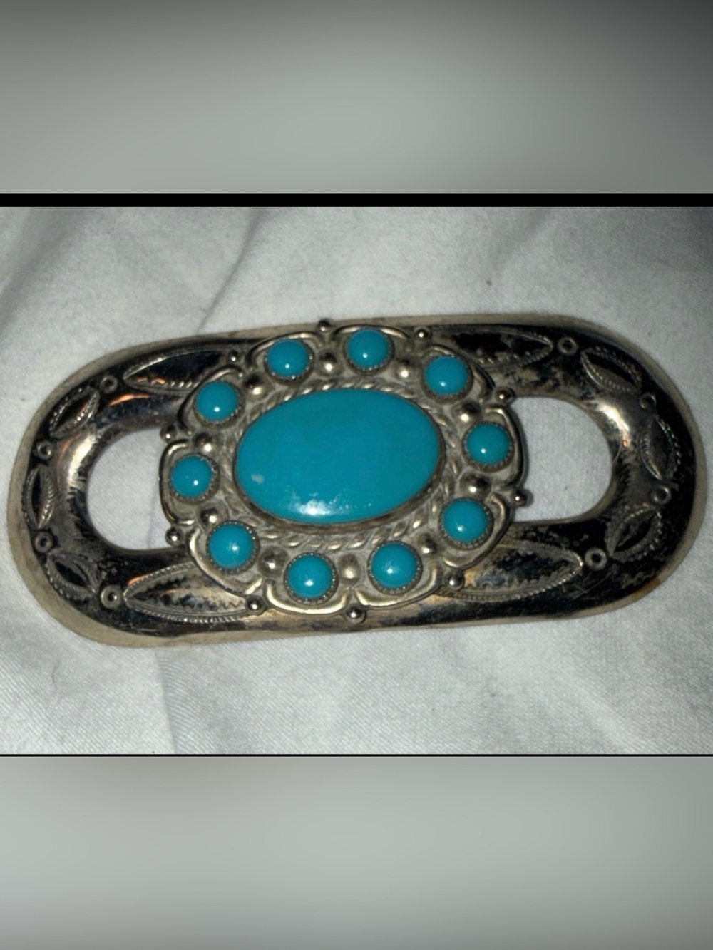 Vintage Nickel Silver Bell Trading Faux
Turquoise Scarf Buckle